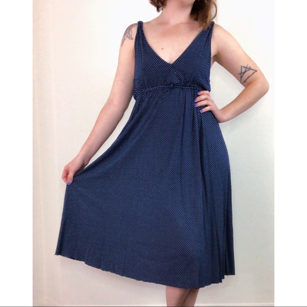 Y2K Navy Blue Polka Dot Empire Waist Dress Size S